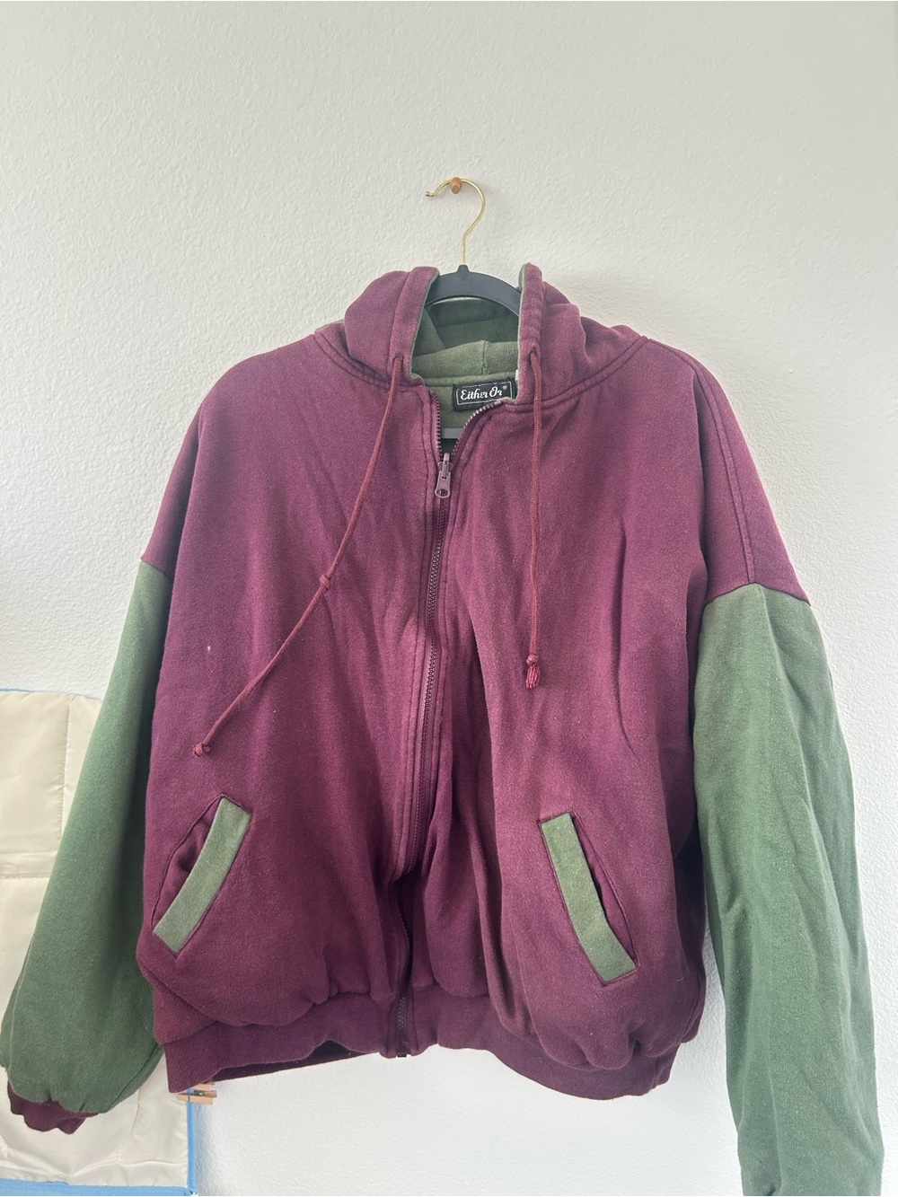 Either Or Vintage Burgundy and Olive Hooded Bomber Jacket
